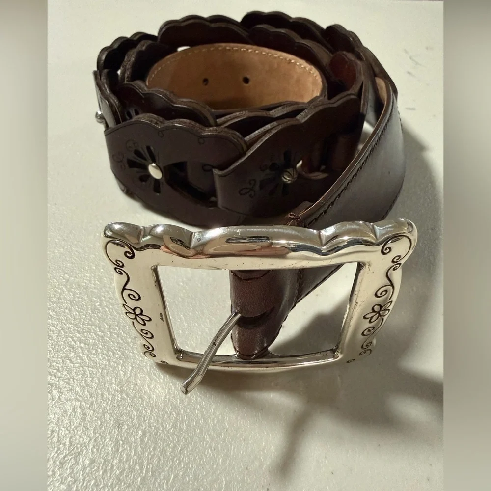 Brighton Dark Brown Leather Belt Silver Buckle Size 36